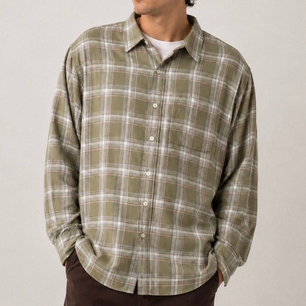 Mutual Weave Men's XXL Plaid Button Front Shirt Olive Green Pink Soft Casual
